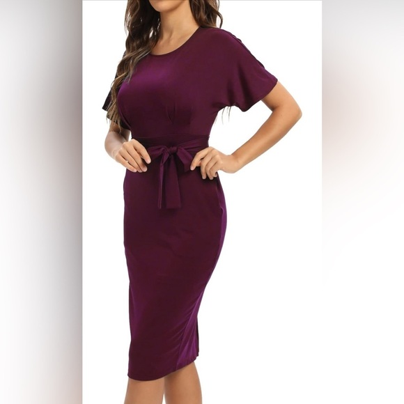 ALLANDWELL Women's Round Neck Short Sleeve Office Wear to Work Bodycon Slim - Picture 2 of 4